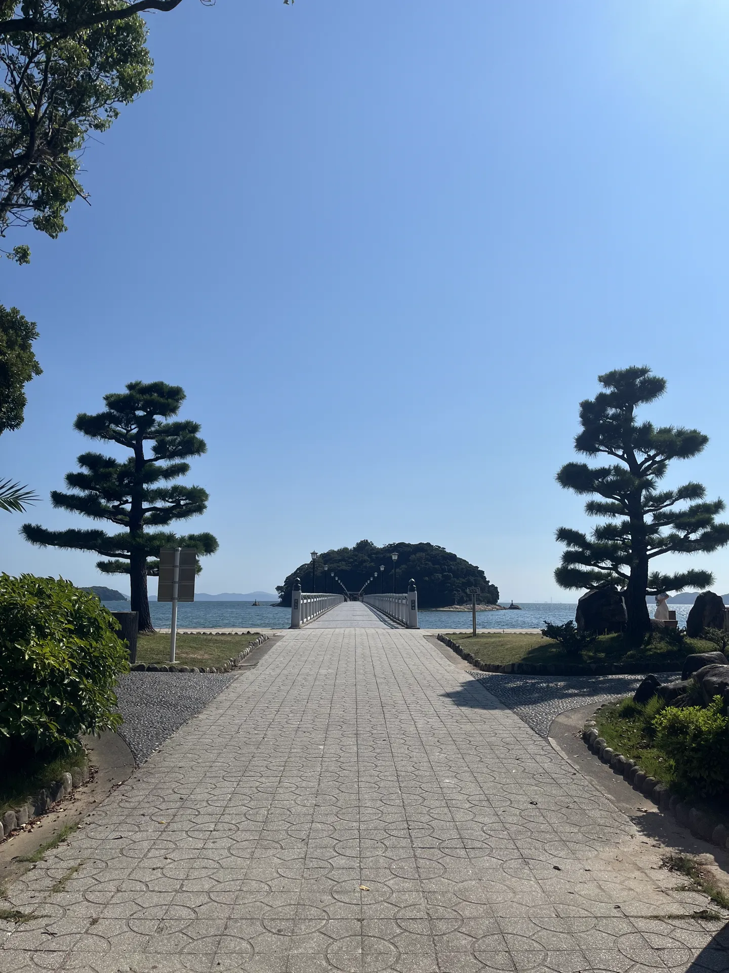 松並木の先に海を渡る橋と島
